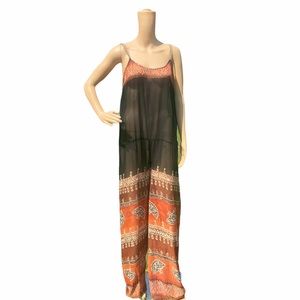 Free People Sheer Black and Orange Patterned Jumpsuit